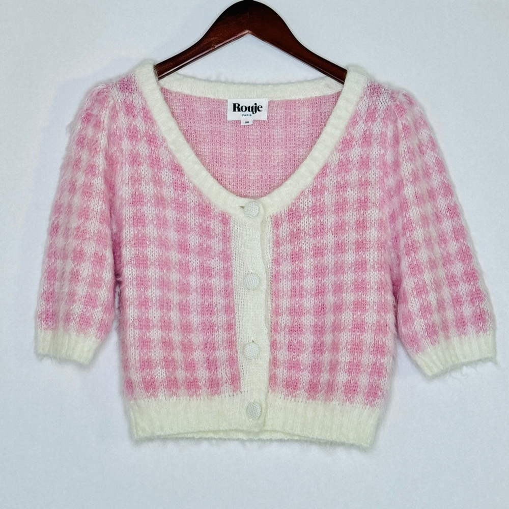 Rouje Pink Ronny Cardigan Plaid Coquette Sweater Soft Fuzzy Top SZ Small FR 36